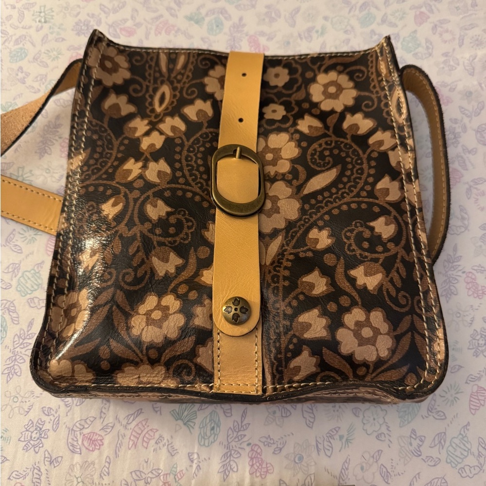 Patricia Nash Brown and Tan Crossbody Bag with Floral Design